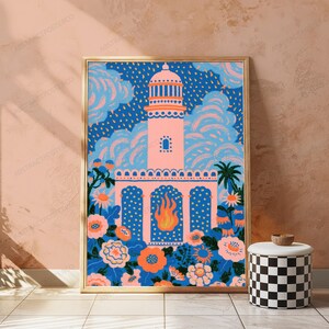 May include: A framed art print featuring a pink lighthouse structure centered against a dark blue sky with stylized clouds and rain. The foreground displays a vibrant garden of orange and pink flowers, green foliage, and a central flame graphic.