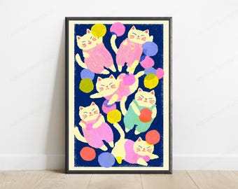 Pop-Art-Druck „Verspielte Katzen mit Wollknäueln“ | Fantasievolle minimalistische Wanddekoration (Digitaler Download)