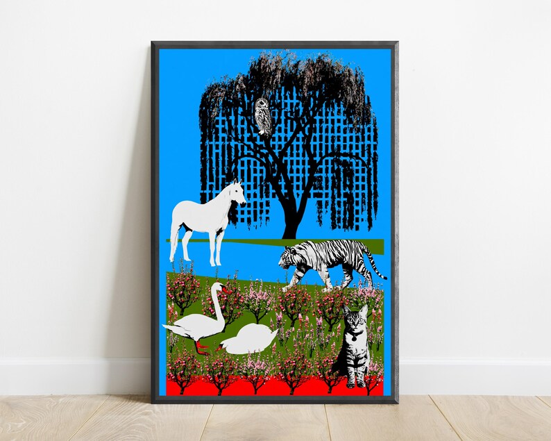 May include: A framed digital art print featuring a bright blue background with a black silhouette of a willow tree containing an owl. Below, a white horse stands near a walking tiger. The foreground shows a swan, a white bird, and a cat in a garden.