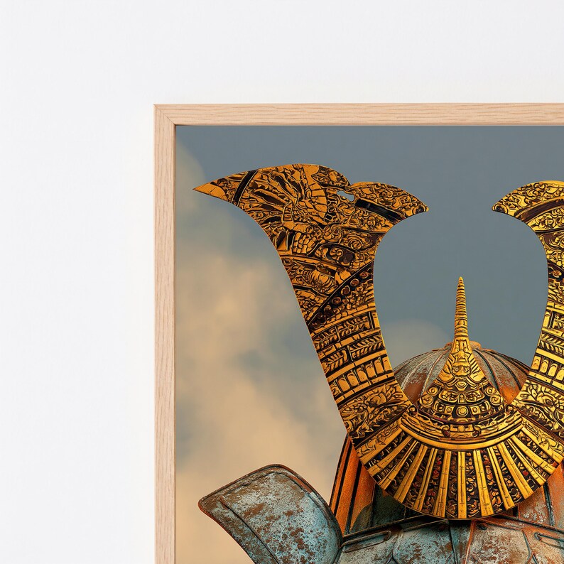 May include: A framed wall art print featuring a detailed golden samurai helmet with intricate embossed patterns and a weathered blue metal base, set against a soft, cloudy sky background. The helmet displays a prominent central spike.
