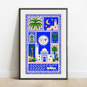 May include: A framed rectangular art print featuring a vibrant blue border with a wavy pattern. The illustration depicts a central sun with a face, a white building with a dome, palm trees, a small boat on water, and a crescent moon with stars.