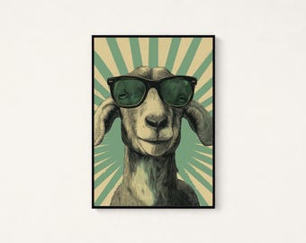Cool Goat Sunglasses Print | Retro Pop Art Wall Art | Funny Animal Portrait Decor | Digital Download A3 A2 A1