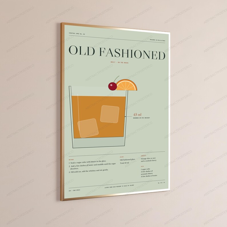 Old Fashioned Cocktail Recipe Print in Sage | Whiskey Drink Wall Art | Retro Bar Decor image 3