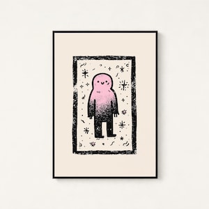 May include: A framed rectangular art print featuring a central figure with a pink head and torso that fades into a black lower body. The figure is enclosed in a thick, textured black border surrounded by small black stars and squiggly line accents.