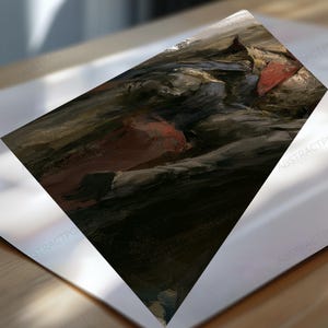 May include: A rectangular art print featuring an abstract painting with dark, moody tones of charcoal, black, and deep brown, accented by bold, textured strokes of vibrant red. The composition displays layered, expressive brushwork throughout.
