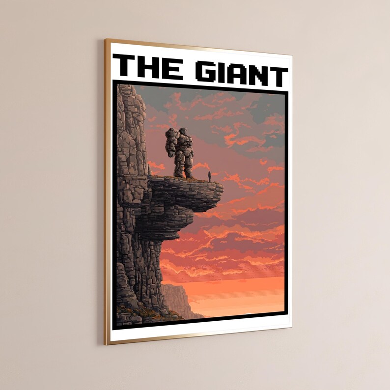 Giant Stone Warrior Cliff Sunset Pixel Art | Epic Fantasy Landscape Print | Minimalist Wall Decor | Digital Download A3 A2 A1 image 9