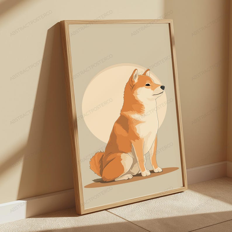 May include: A framed vertical wall art print featuring a stylized illustration of a tan and white Shiba Inu dog sitting in profile against a large, pale circular background. The artwork is enclosed in a light-toned wooden frame with a clean edge.