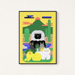 May include: A framed vertical art print featuring a yellow background with a desert landscape. The scene includes a green mountain, cacti, and a group of stylized animals including a yellow dog, a white cat, a black cat, and a grey creature.