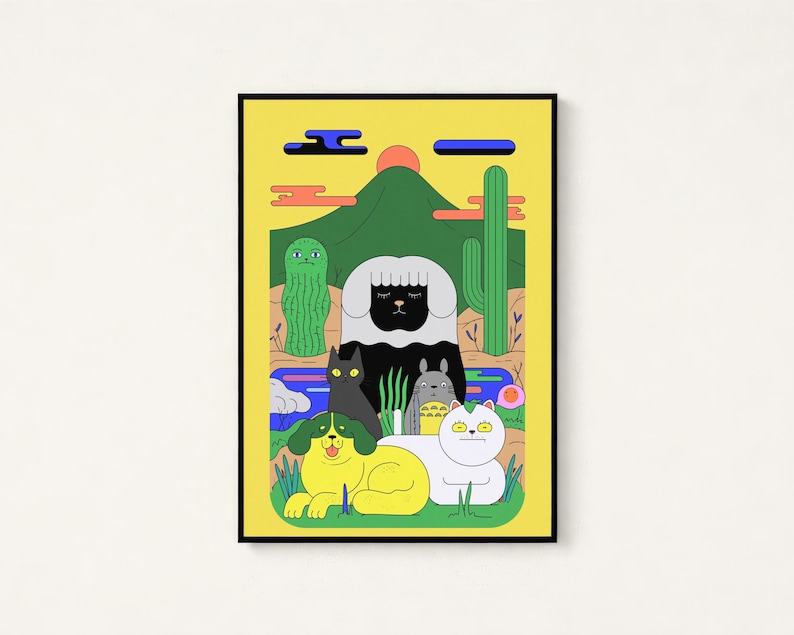 May include: A framed vertical art print featuring a yellow background with a desert landscape. The scene includes a green mountain, cacti, and a group of stylized animals including a yellow dog, a white cat, a black cat, and a grey creature.