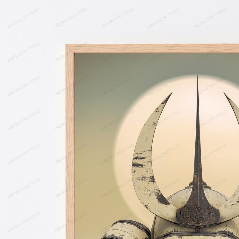 May include: A framed wall art print featuring a weathered, light-colored samurai helmet with a prominent central spike and large, curved side horns. The helmet is set against a soft, circular, pale yellow background within a light wood frame.