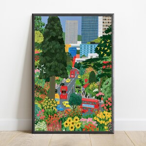 May include: A vertical art print depicting a city street scene framed by lush green trees and vibrant flower beds. Red double-decker buses, yellow taxis, and blue cars travel along the road. Tall modern skyscrapers rise in the background.
