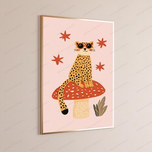 Coole luipaardzonnebril popart print | Stijlvolle muurkunst wilde kat | Minimalistisch dierendecor | Digitale download A3 A2 A1 afbeelding 3