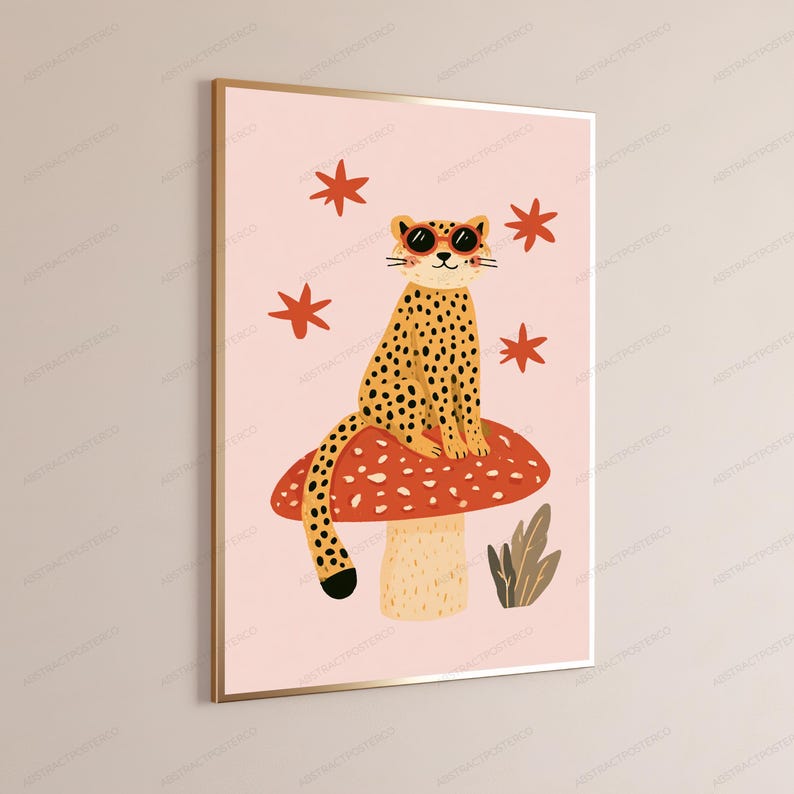 Coole luipaardzonnebril popart print | Stijlvolle muurkunst wilde kat | Minimalistisch dierendecor | Digitale download A3 A2 A1 afbeelding 3