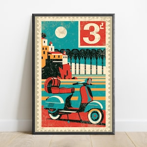 Vintage Vespa Scooter Travel Poster | Retro Mediterranean Art | Minimalist Wall Decor | Digital Download A3 A2 A1 image 1