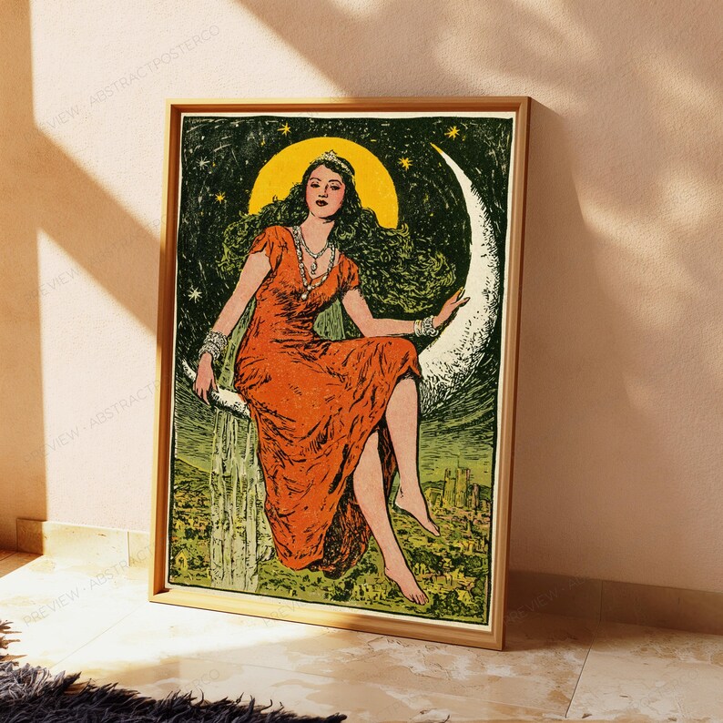 Mystical Moon Goddess Portrait | Vintage Tarot Art Print | Celestial Woman Wall Decor | Digital Download A3 A2 A1 image 5