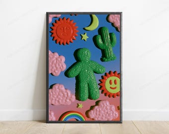 Impressão Pop Art com Cactos, Nuvens e Sol | Arte de Parede Retrô 3D | Decoração Original para Casa | Download Digital A3 A2 A1