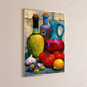 May include: An oil painting featuring a vibrant still life composition with a green olive oil bottle, a blue patterned bottle, a blue pitcher filled with red liquid, three bright red tomatoes, a yellow lemon, garlic, and purple olives.