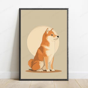 May include: A framed wall art print featuring a stylized illustration of a Shiba Inu dog with orange and cream fur, sitting in profile against a large, pale circular background on a solid tan-colored field within a thin black frame.