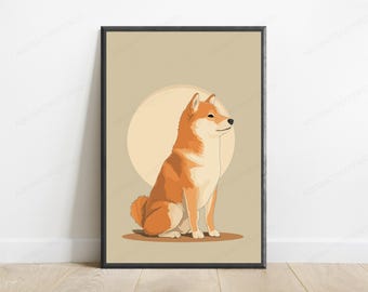 Sitting Shiba Inu Minimalist Portrait | Orange Cream Dog Art Print | Calm Pet Wall Decor | Digital Download A3 A2 A1