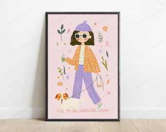 Ragazza con cane - Stampa artistica botanica / Ritratto minimalista / Decorazione murale dallo stile di vita eccentrico / Download digitale A3 A2 A1