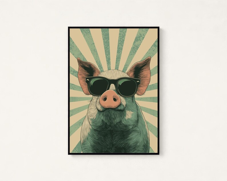 May include: A framed wall art print featuring a stylised illustration of a pig wearing black sunglasses. The pig is centred against a background of alternating beige and teal sunburst rays with a subtle dot pattern throughout the design.