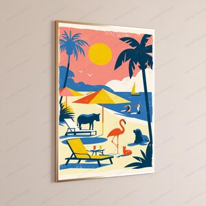 May include: A framed vertical art print featuring a stylized beach scene with a yellow sun, palm trees, and a blue ocean. The sandy shore includes a yellow lounge chair, a red flamingo, a dark blue donkey, a small cat, and a sailboat on the water.