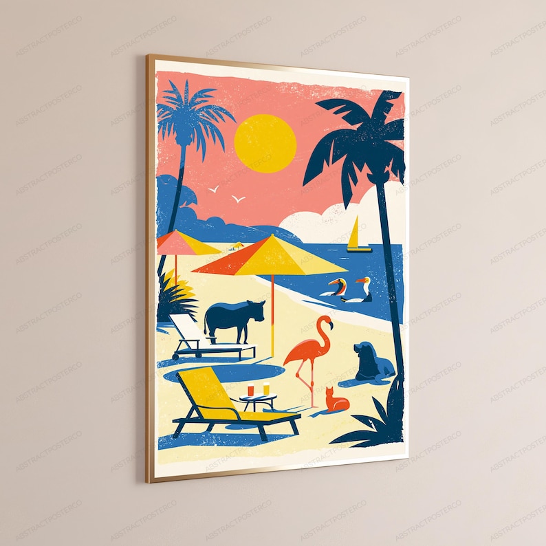 May include: A framed vertical art print featuring a stylized beach scene with a yellow sun, palm trees, and a blue ocean. The sandy shore includes a yellow lounge chair, a red flamingo, a dark blue donkey, a small cat, and a sailboat on the water.