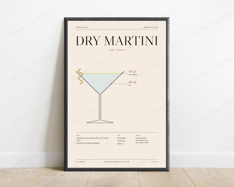 Dry Martini Cocktail Recipe Print in Cream | Bar Illustration | Minimalist Kitchen Wall Art image 1