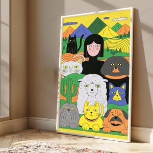 May include: A framed vertical poster featuring a colorful illustration of a person surrounded by various animals including cats, dogs, and a sheep. The background depicts a landscape with mountains, rolling hills, and a green cactus.