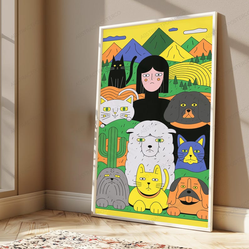 May include: A framed vertical poster featuring a colorful illustration of a person surrounded by various animals including cats, dogs, and a sheep. The background depicts a landscape with mountains, rolling hills, and a green cactus.
