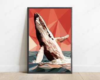 Breaching Whale Low Poly Geometric Art | Ocean Wildlife Wall Print | Modern Marine Decor