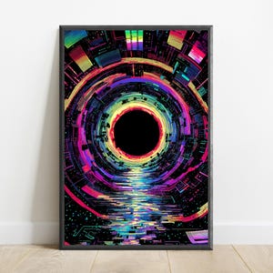 May include: A rectangular wall art print featuring a vibrant, abstract tunnel design with a central black circle. The composition uses neon pink, blue, yellow, and green geometric patterns that create a sense of depth and motion, framed in black.