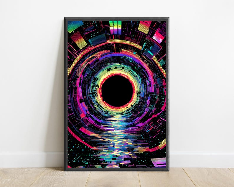 May include: A rectangular wall art print featuring a vibrant, abstract tunnel design with a central black circle. The composition uses neon pink, blue, yellow, and green geometric patterns that create a sense of depth and motion, framed in black.