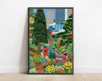 Urban Garden Straßenszene Poster | Bunte Stadt Park Wand Kunst | Minimalistisches Landschaftsdekor | Digitaler Download A3-A2-A1
