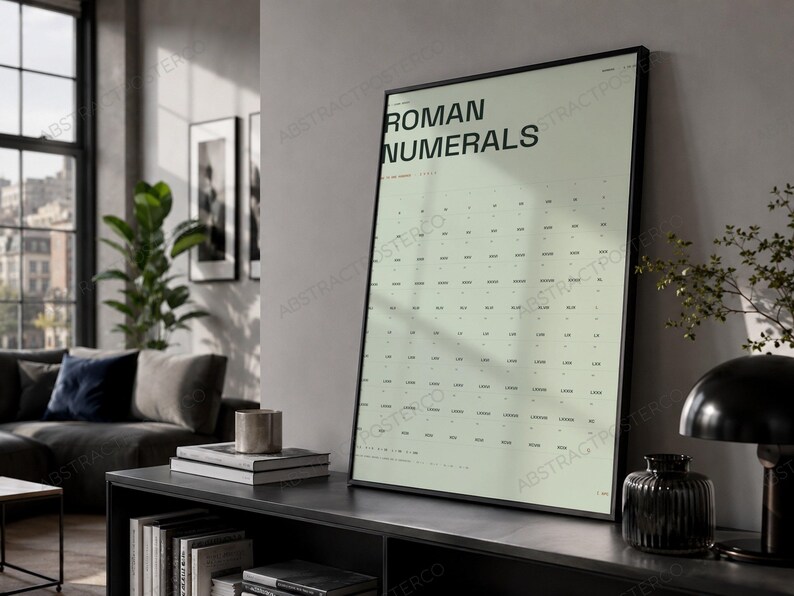 Learn Roman Numerals Chart Print in Sage shown in a living room