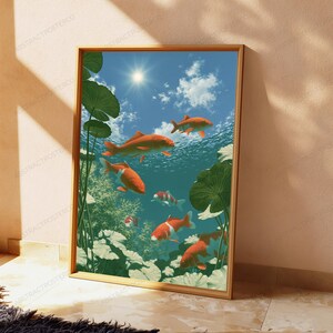 May include: A framed vertical wall art print depicting a vibrant underwater scene with multiple orange and white koi fish swimming among large green lily pads. The composition shows a bright blue sky with a sunburst visible above the water surface.