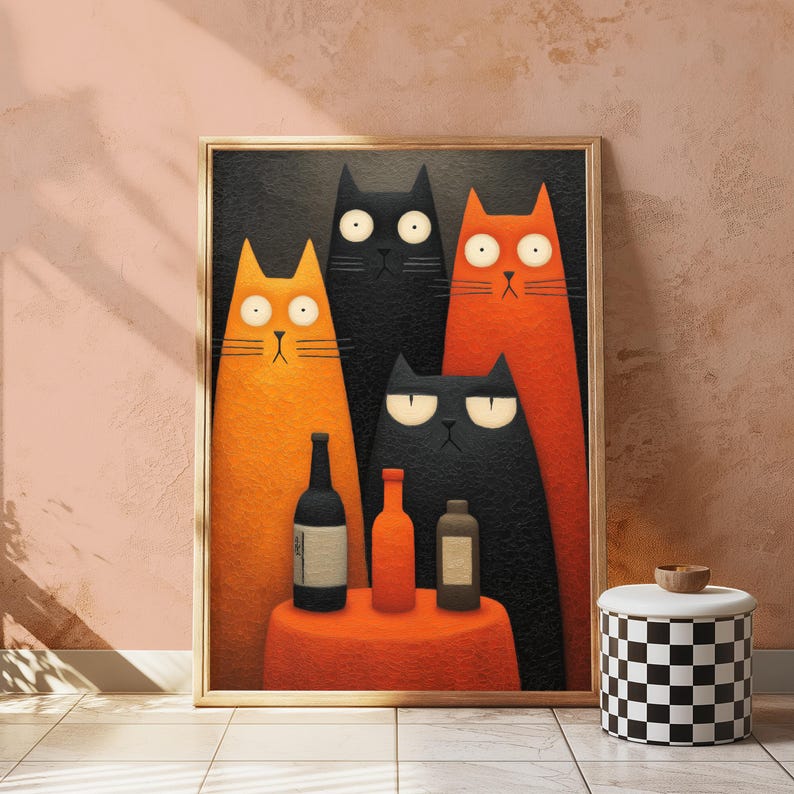 Four Cats Japanese Folk Art Print | Whimsical Feline Illustration (Digital Download) image 2