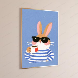 Cool Rabbit Sunglasses Coffee Pop Art Print | Stylish Bunny Wall Art | Minimalist Animal Decor | Digital Download A3 A2 A1 image 3