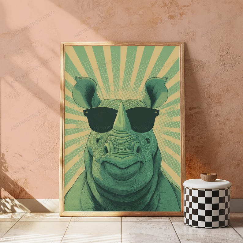 May include: A rectangular wall art print featuring a green rhinoceros wearing black sunglasses. The background consists of a light green and cream-colored sunburst pattern with a dotted halftone texture, all enclosed within a thin wooden frame.