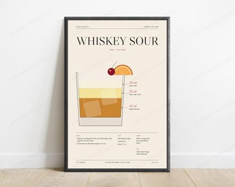 Whiskey Sour Cocktail Recipe Print in Cream | Minimalist Bar Art | Retro Kitchen Wall Decor