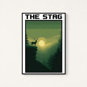 May include: A rectangular wall art print featuring a pixel art landscape with a stag standing on a cliff edge. The scene displays a forest in shades of green under a pale yellow sun. The text THE STAG is printed in a black pixelated font at the top.