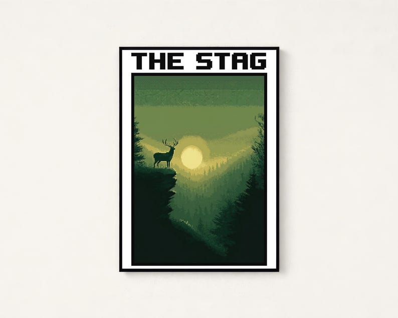 May include: A rectangular wall art print featuring a pixel art landscape with a stag standing on a cliff edge. The scene displays a forest in shades of green under a pale yellow sun. The text THE STAG is printed in a black pixelated font at the top.