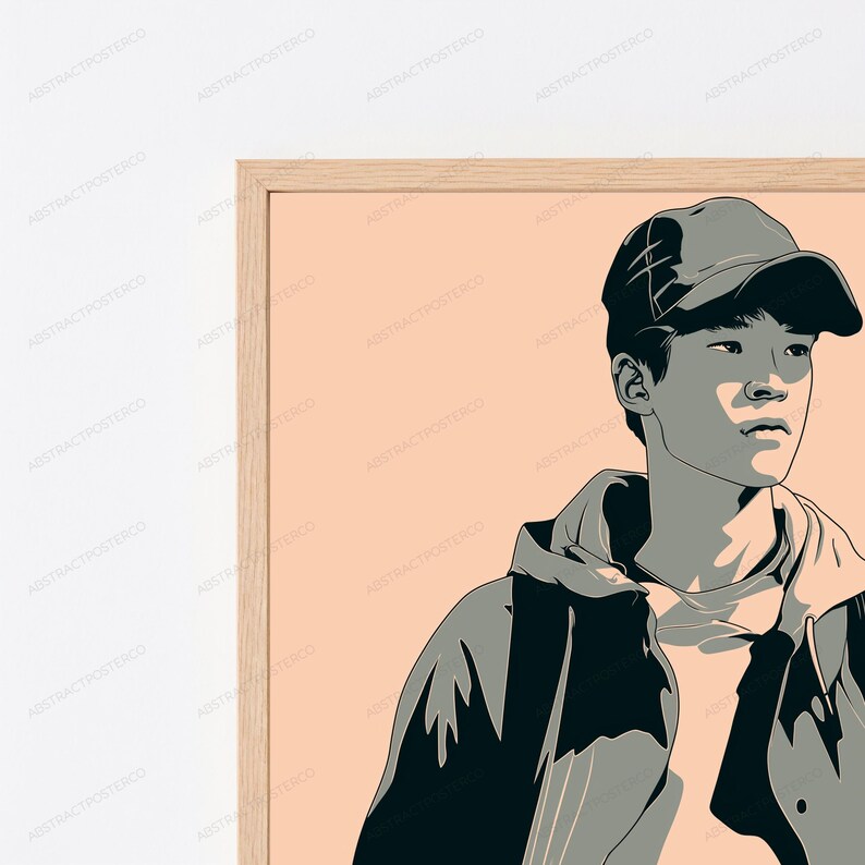 Puede incluir: Una impresi&oacute;n de arte mural enmarcada que presenta una ilustraci&oacute;n gr&aacute;fica estilizada de una persona con gorra de b&eacute;isbol y chaqueta con capucha. La obra utiliza una paleta de colores en tonos melocot&oacute;n apagado, gris oscuro y gris claro.