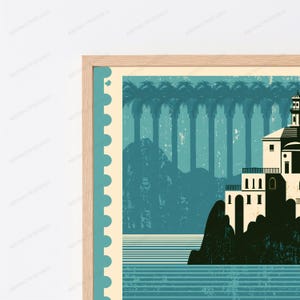 May include: A framed art print featuring a stylized illustration of a building on a rocky cliffside overlooking water. The scene includes a row of palm trees against a teal background with a distressed texture and a cream-colored postage stamp border.
