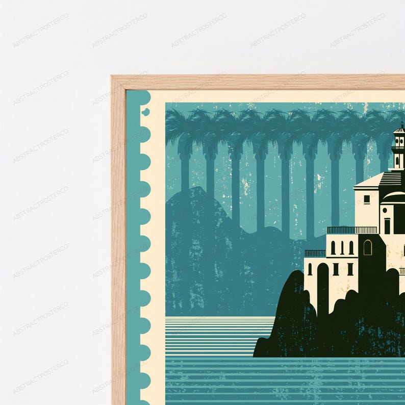 May include: A framed art print featuring a stylized illustration of a building on a rocky cliffside overlooking water. The scene includes a row of palm trees against a teal background with a distressed texture and a cream-colored postage stamp border.