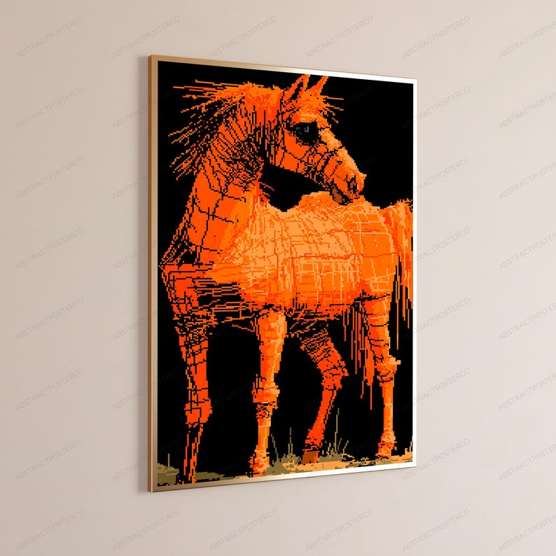 Impressão Pop Art com Cavalo Laranja em Efeito Glitch | Arte de Parede Equina Retrô em Pixel Art | Decoração Moderna para Casa com Tema Animal | Download Digital A3 A2 A1 imagem 3