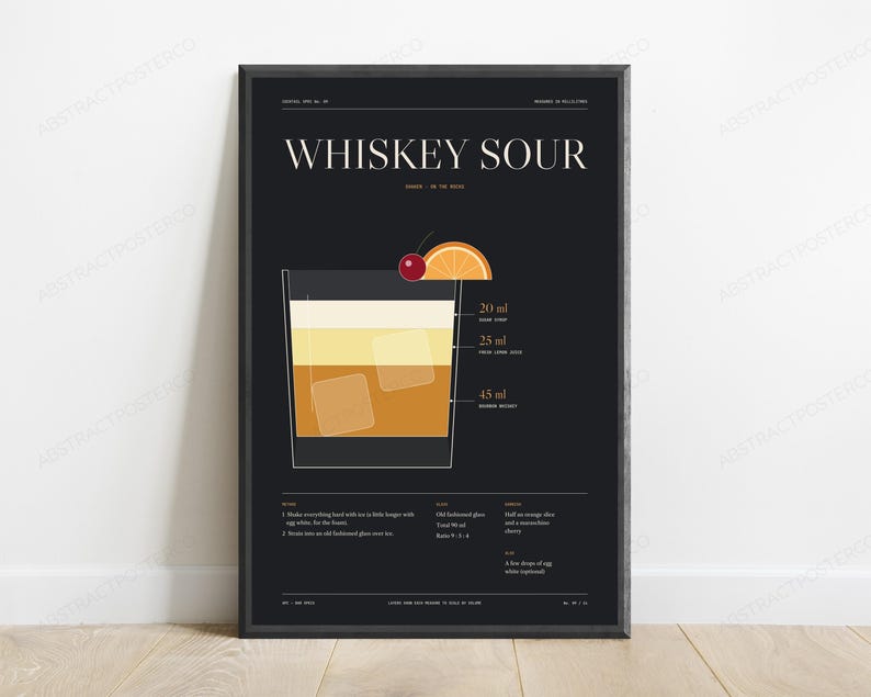 May include: A black framed wall art print featuring a Whiskey Sour cocktail recipe. The graphic shows a glass with layers of liquid, ice cubes, an orange slice, and a cherry. Text includes ingredients with 20 ml, 25 ml, and 45 ml measurements.