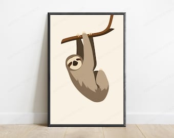 Relaxed Sloth Hanging Branch Wall Art | Minimalist Animal Print | Zen Home Decor
