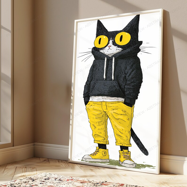 K&ouml;nnte beinhalten: Ein gerahmter Wandkunstdruck, der eine schwarze Katze mit gro&szlig;en gelben Augen zeigt, die einen schwarzen Kapuzenpullover, eine gelbe verk&uuml;rzte Hose und gelbe Turnschuhe tr&auml;gt. Die Katze steht aufrecht vor einem wei&szlig;en Hintergrund.