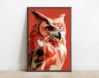 Red Owl Geometric Pop Art Print | Bold Angular Bird Wall Art | Modern Home Decor